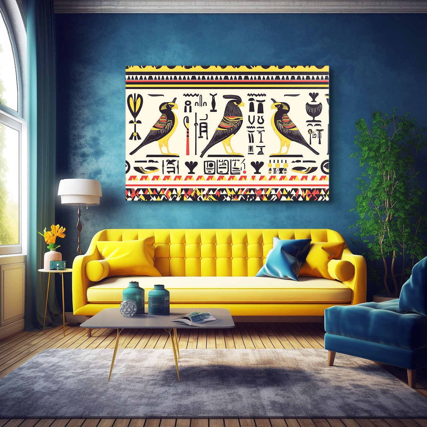 Bird Hieroglyph Pattern Egyptian Canvas – styled in a furnished interior