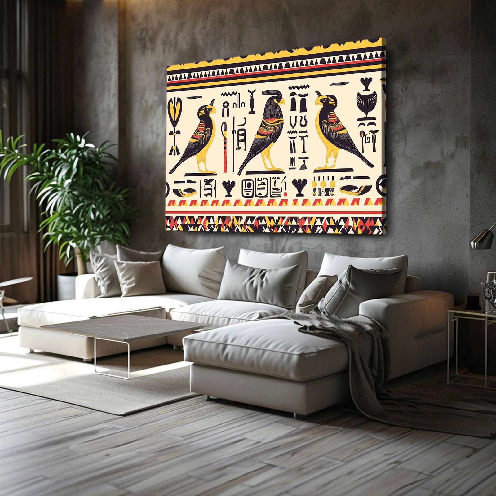 Bird Hieroglyph Pattern Egyptian Canvas – styled in a furnished interior