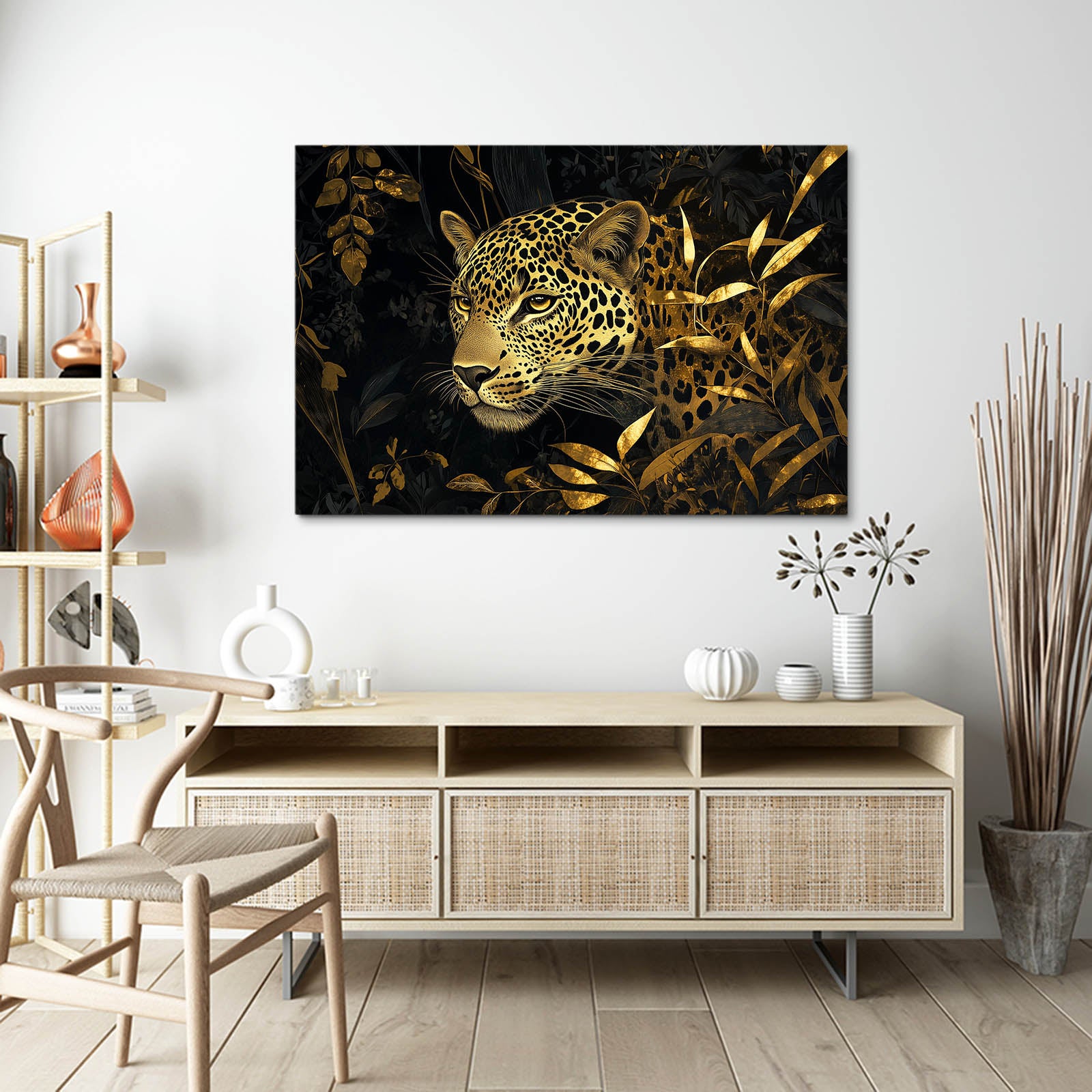 Black And Gold Foliage Leopard Canvas Art – styled in a furnished interior