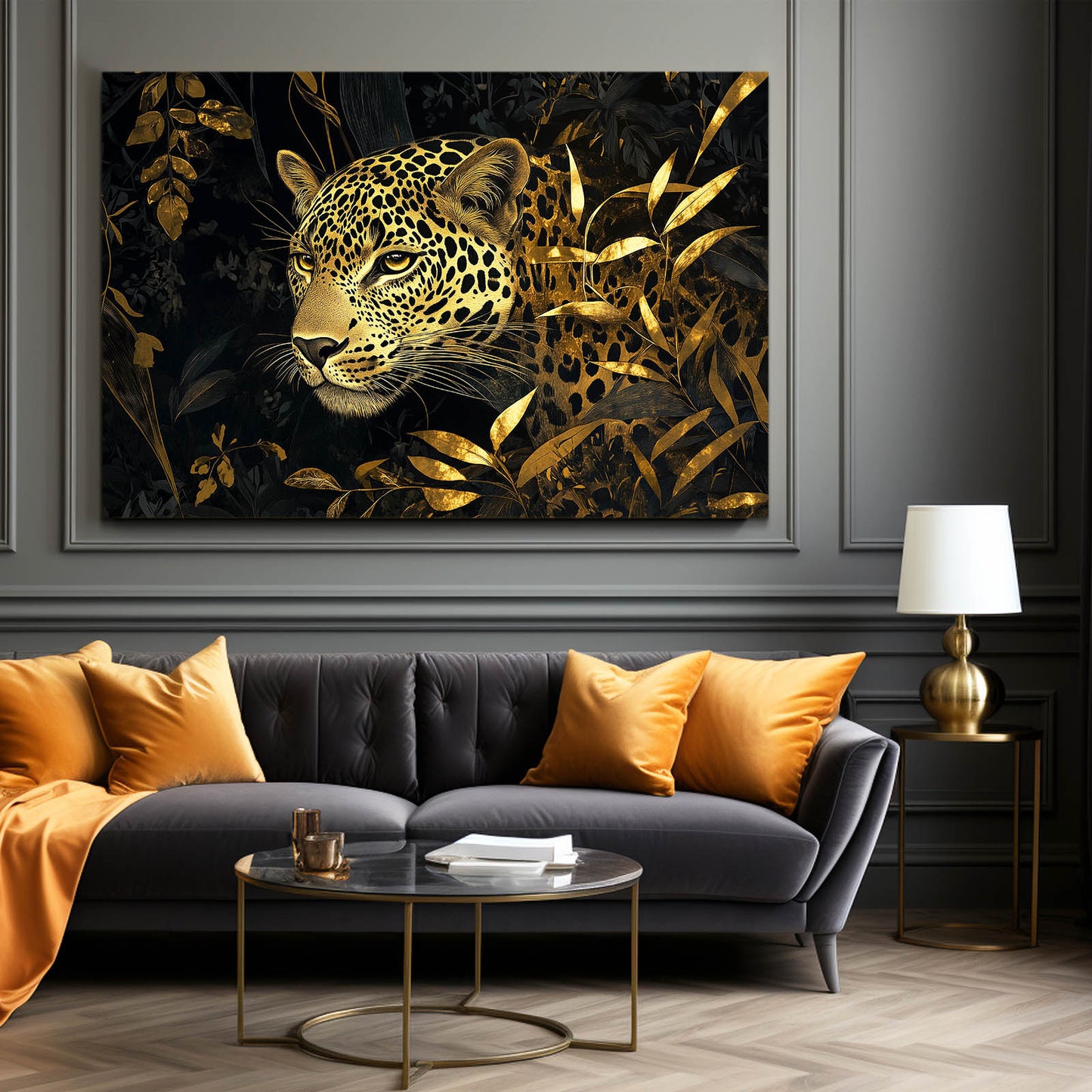 Black And Gold Foliage Leopard Canvas Art – styled in a furnished interior