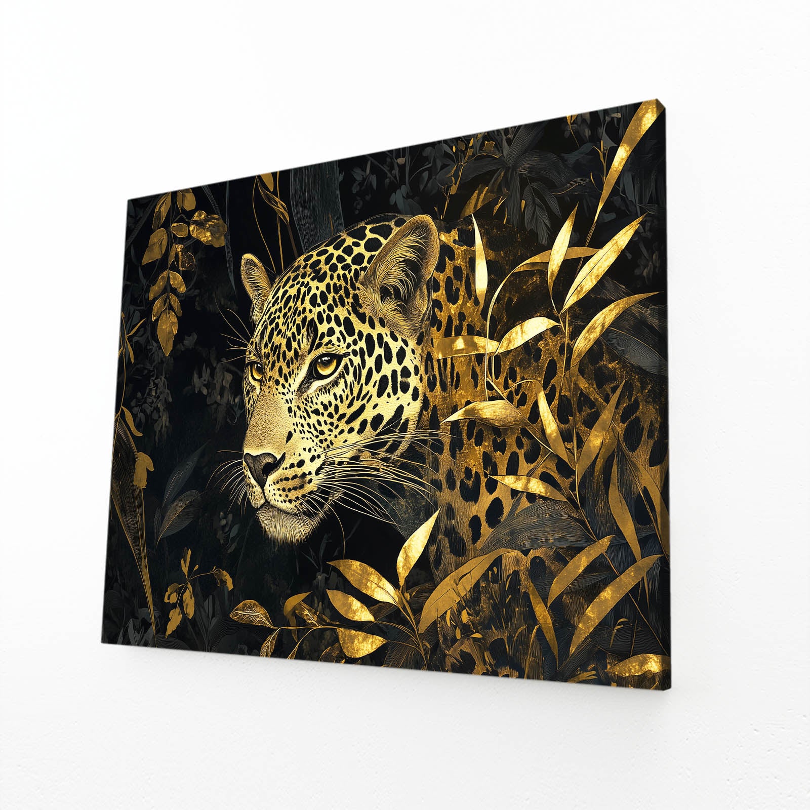 Black And Gold Foliage Leopard Canvas Art – angled canvas view on white background