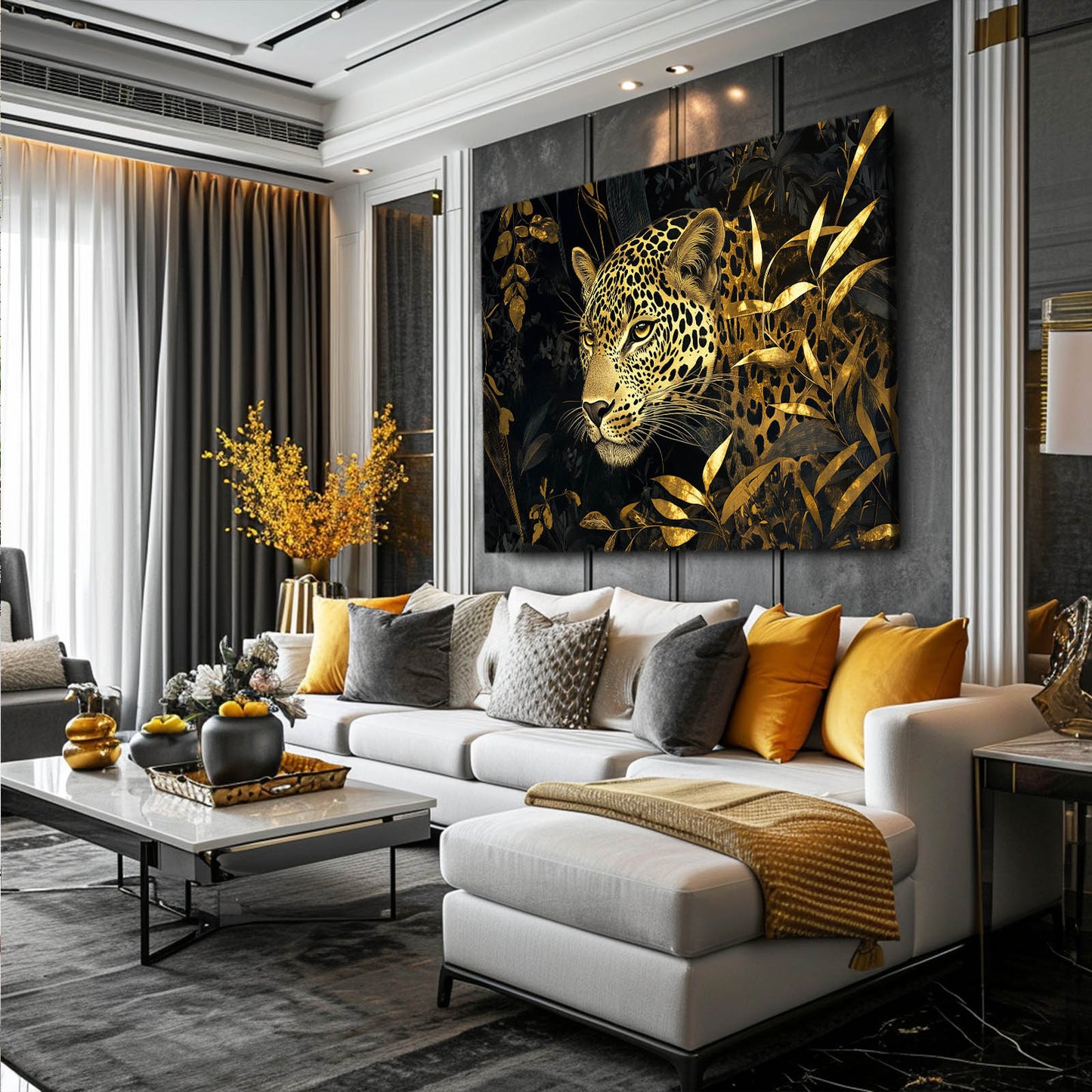 Black And Gold Foliage Leopard Canvas Art – styled in a furnished interior