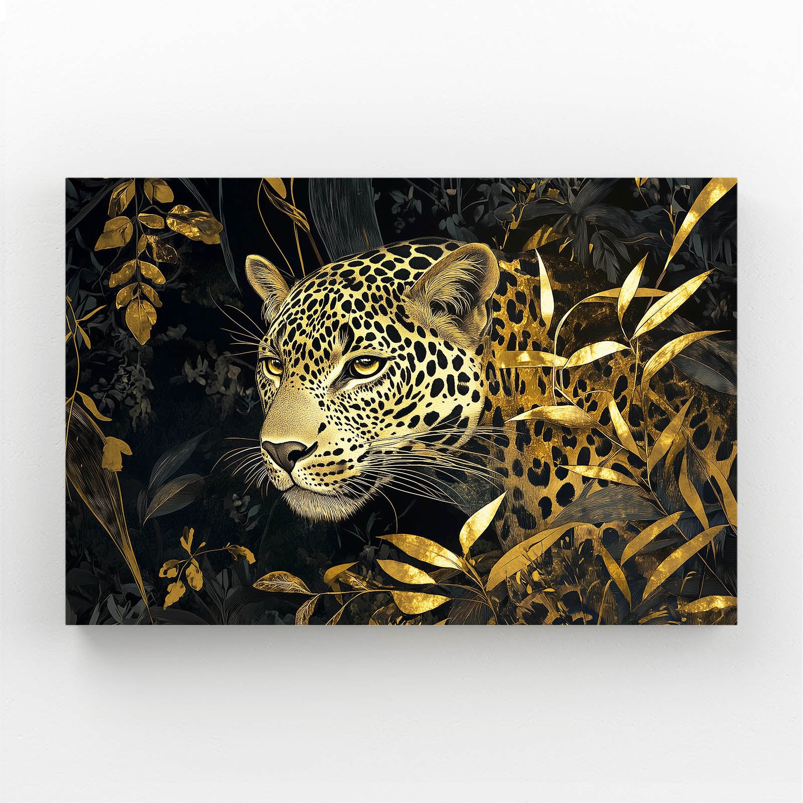 Black And Gold Foliage Leopard Canvas Art – black and gold foliage leopard canvas print