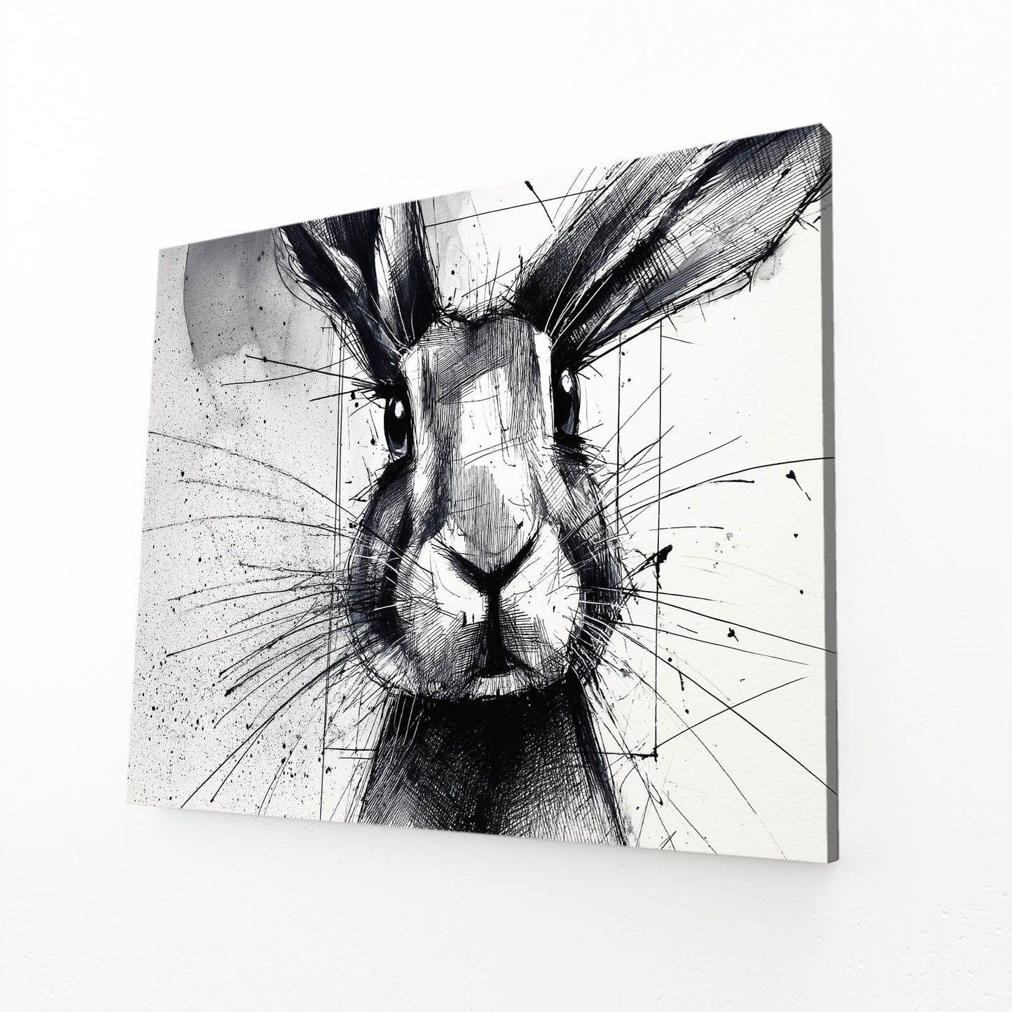 Black And White Bunny Art – angled canvas view on white background