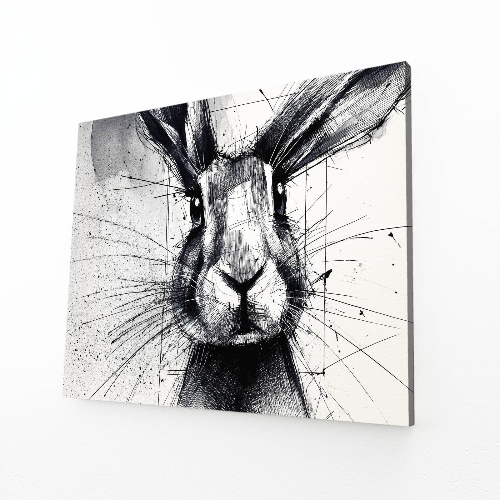Black And White Bunny Art – angled canvas view on white background
