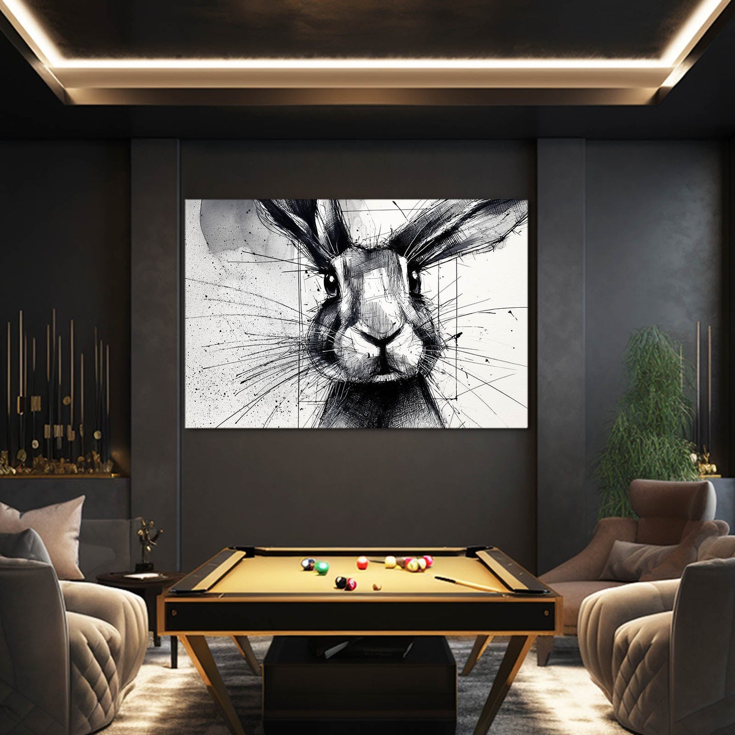 Black And White Bunny Art – angled canvas view on white background
