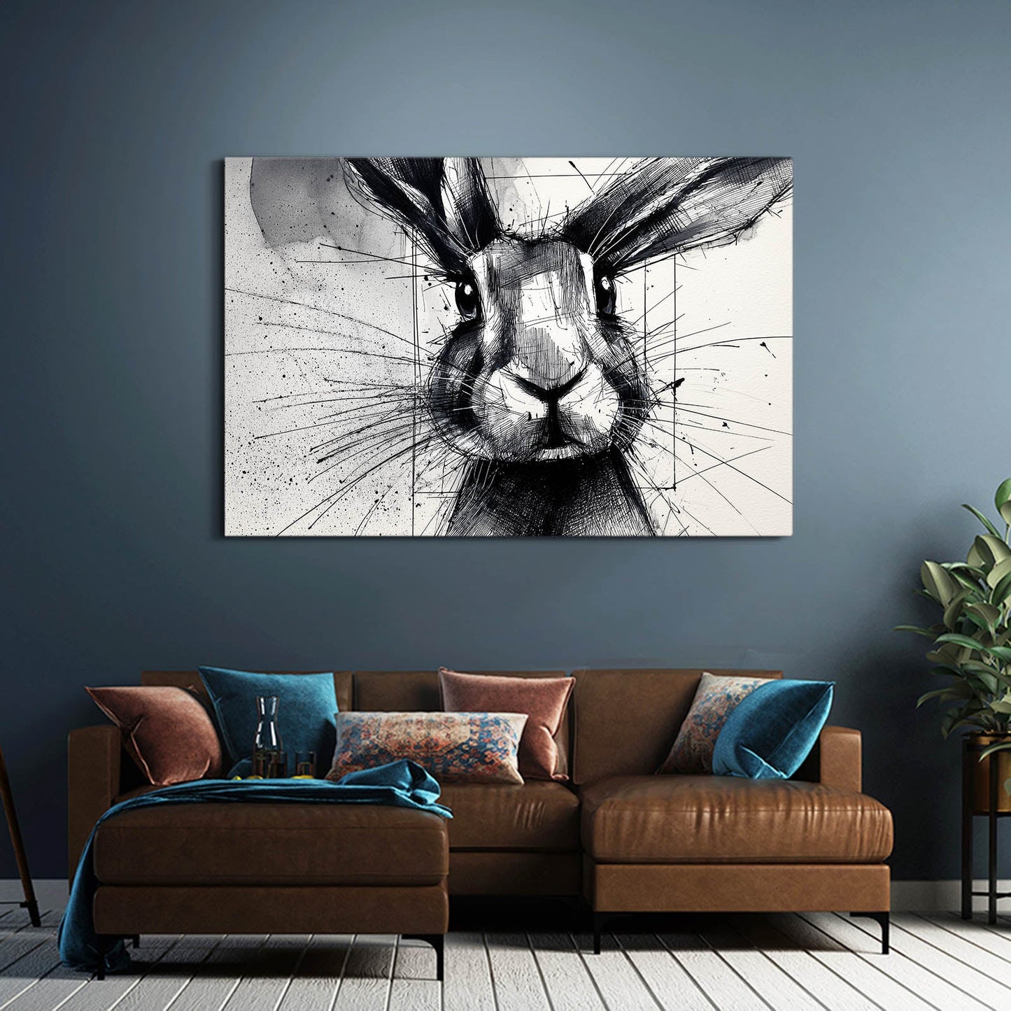 Black And White Bunny Art – angled canvas view on white background