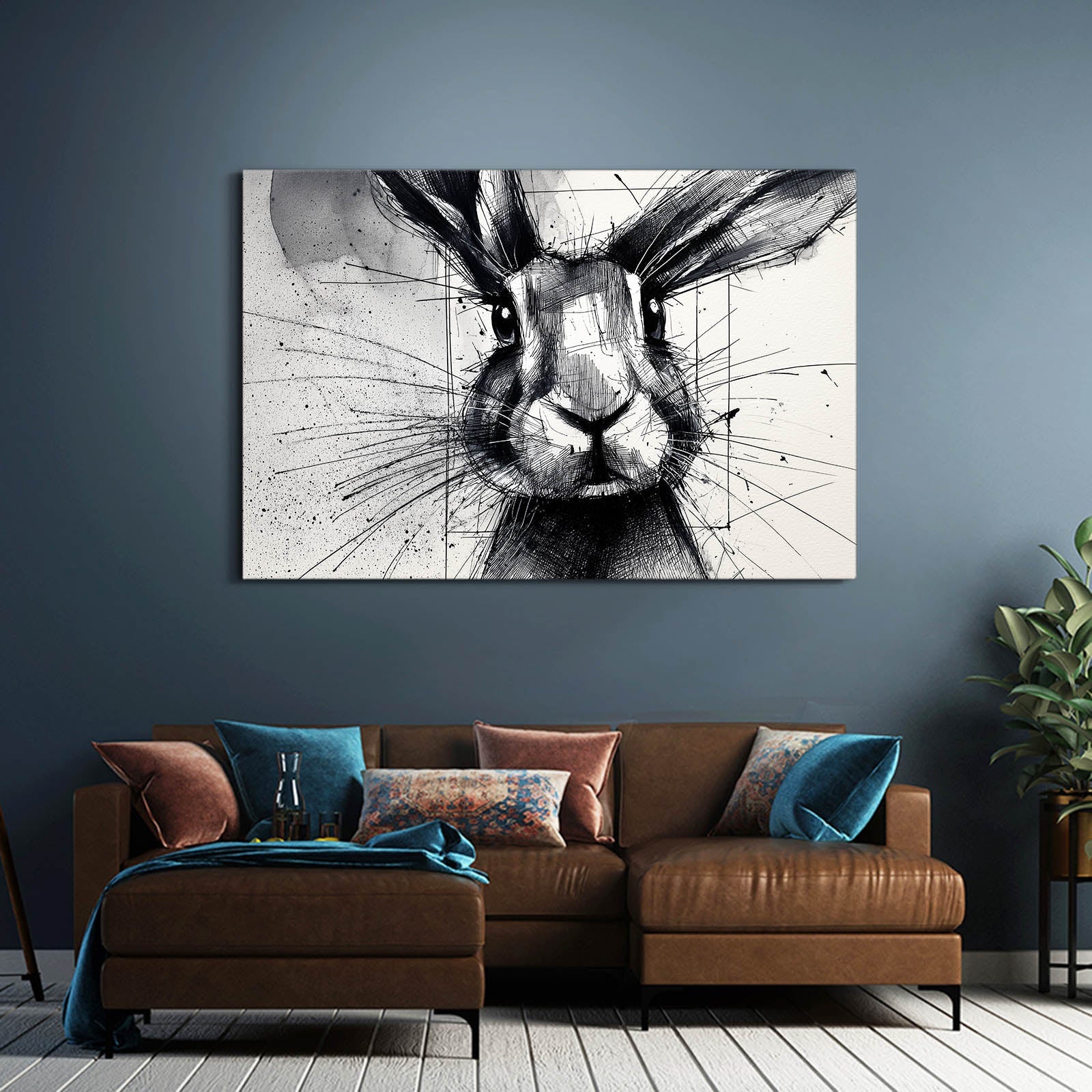 Black And White Bunny Art – angled canvas view on white background