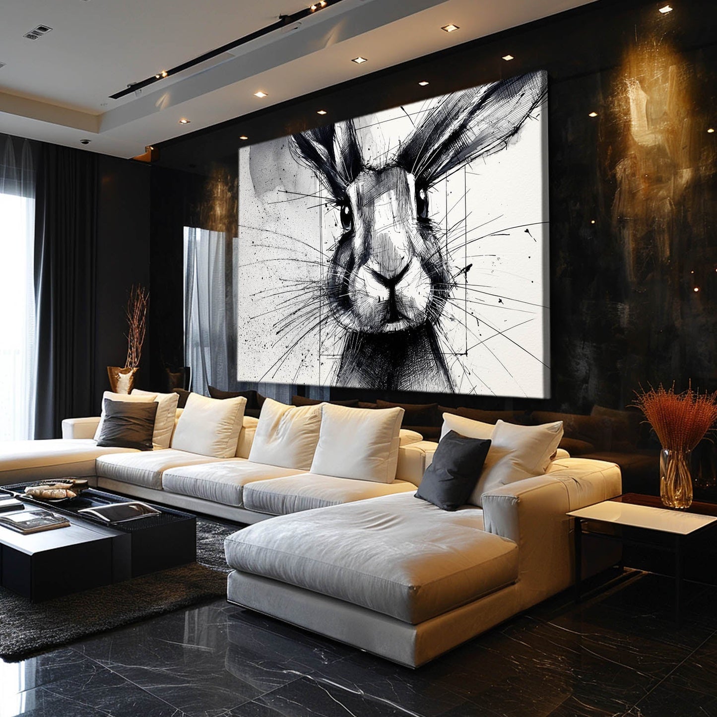 Black And White Bunny Art – angled canvas view on white background