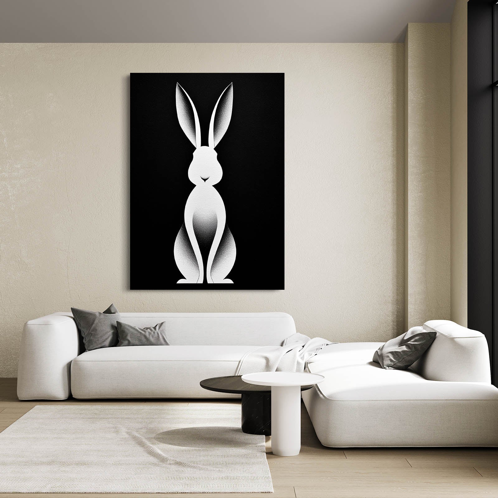 Black And White Bunny Canvas – angled canvas view on white background