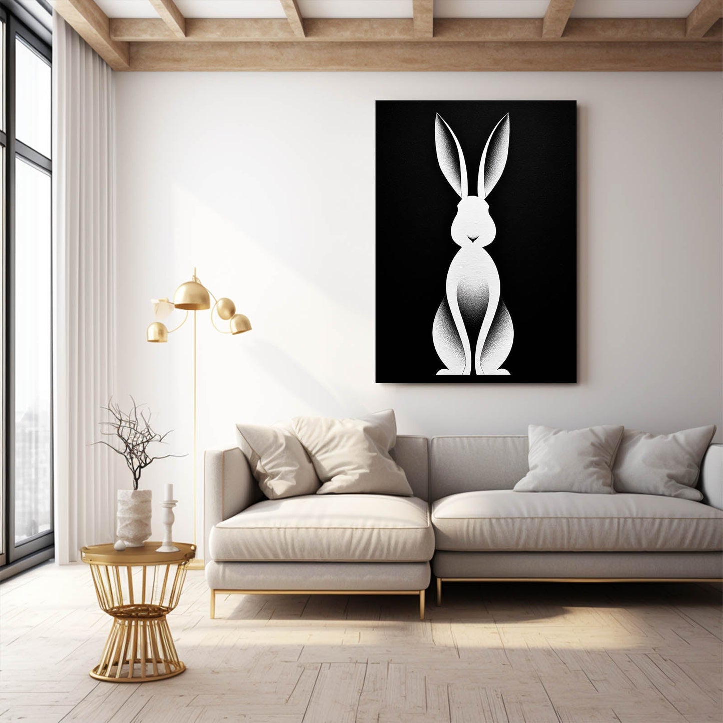 Black And White Bunny Canvas – angled canvas view on white background