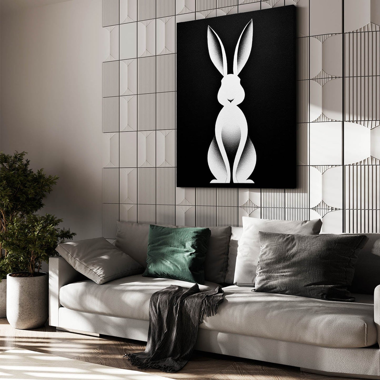 Black And White Bunny Canvas – angled canvas view on white background