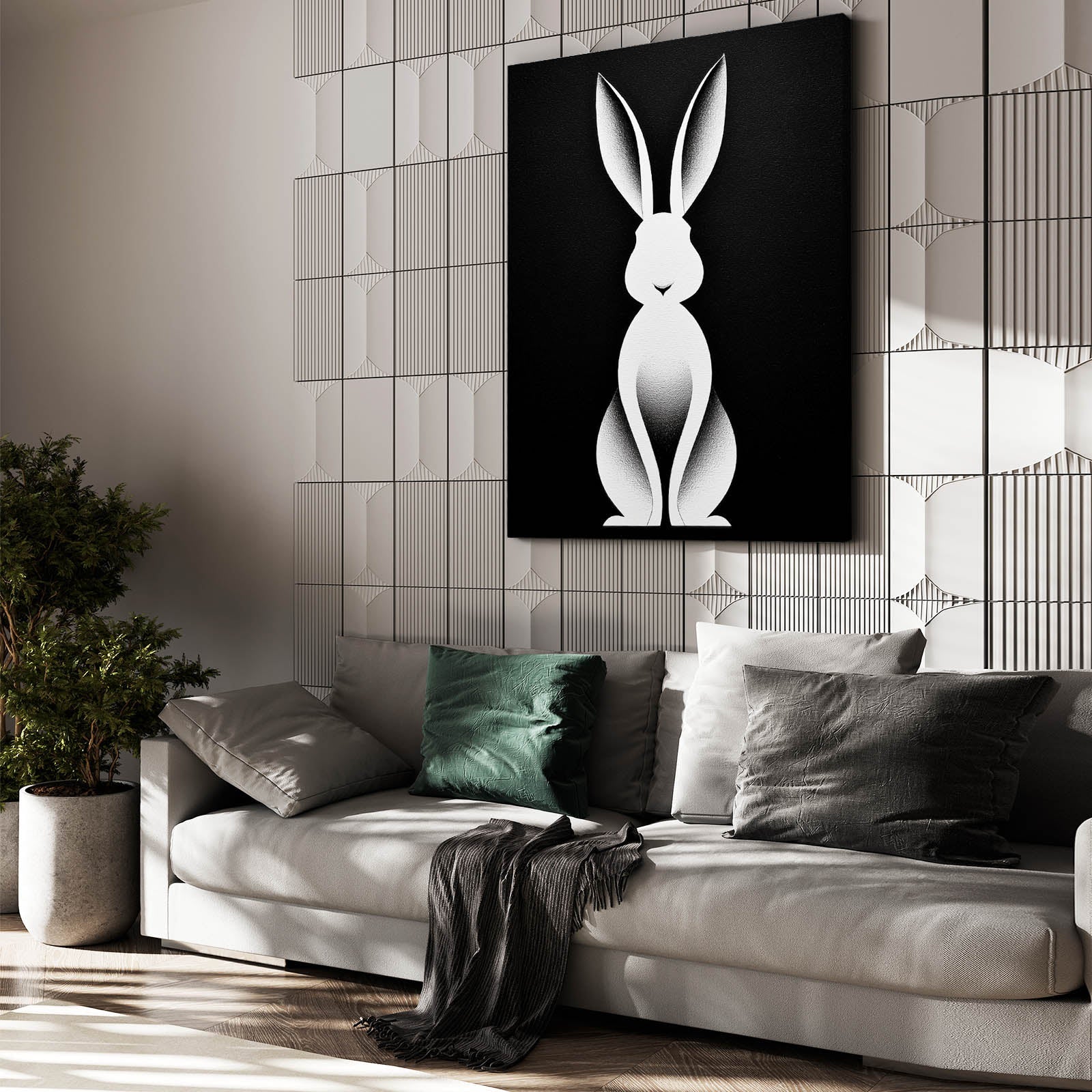 Black And White Bunny Canvas – angled canvas view on white background