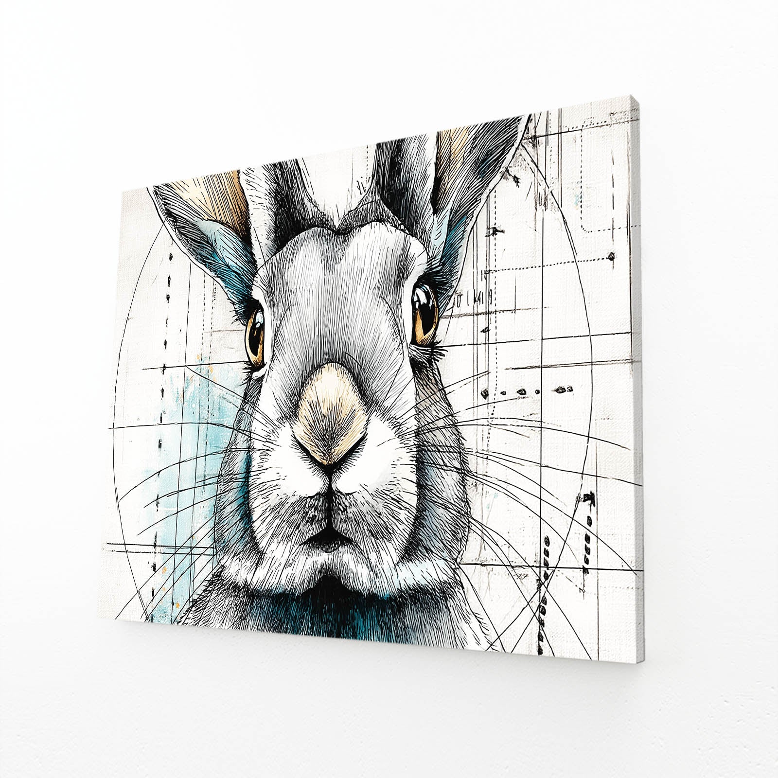 Black And White Bunny Wall Art – angled canvas view on white background