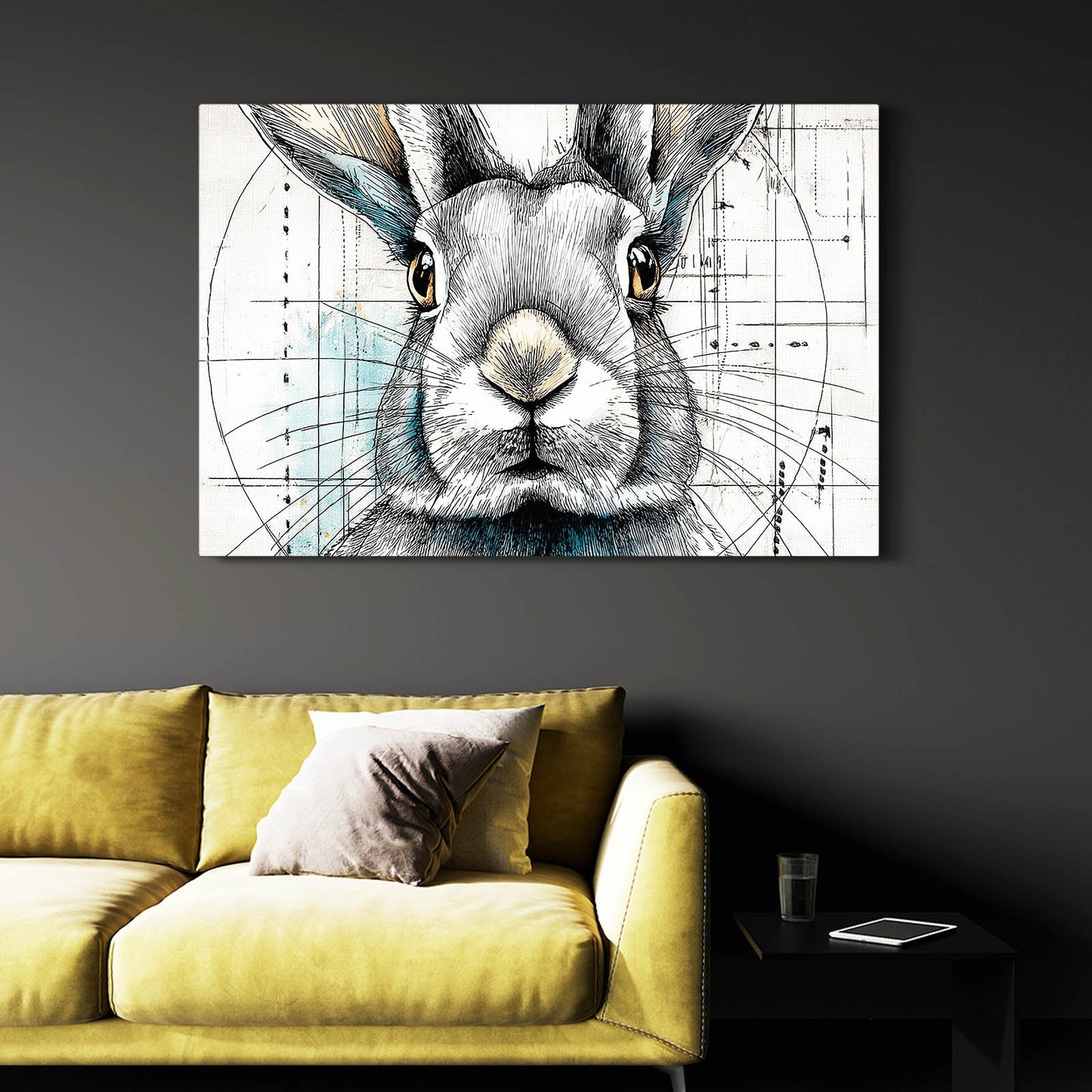 Black And White Bunny Wall Art – angled canvas view on white background
