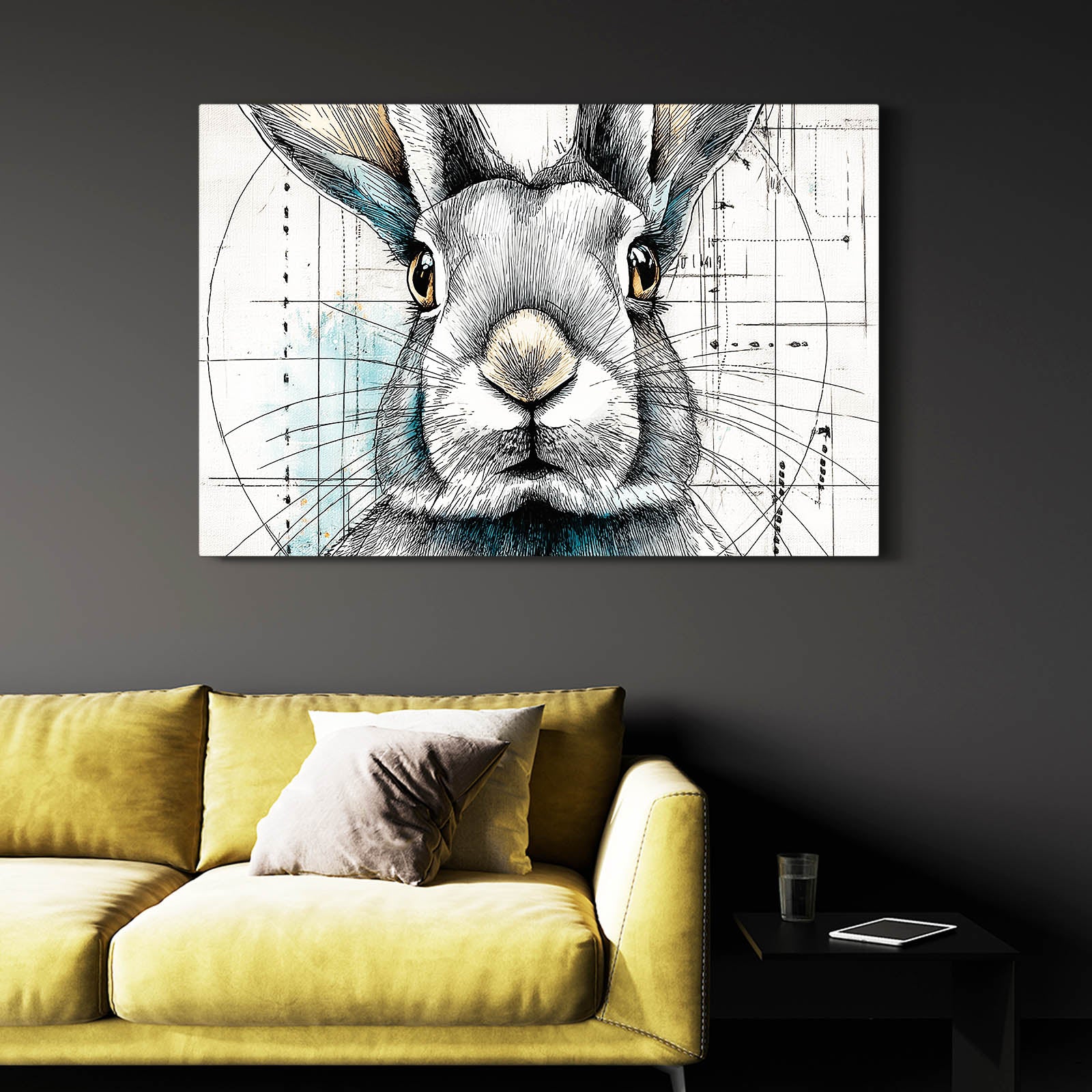 Black And White Bunny Wall Art – angled canvas view on white background