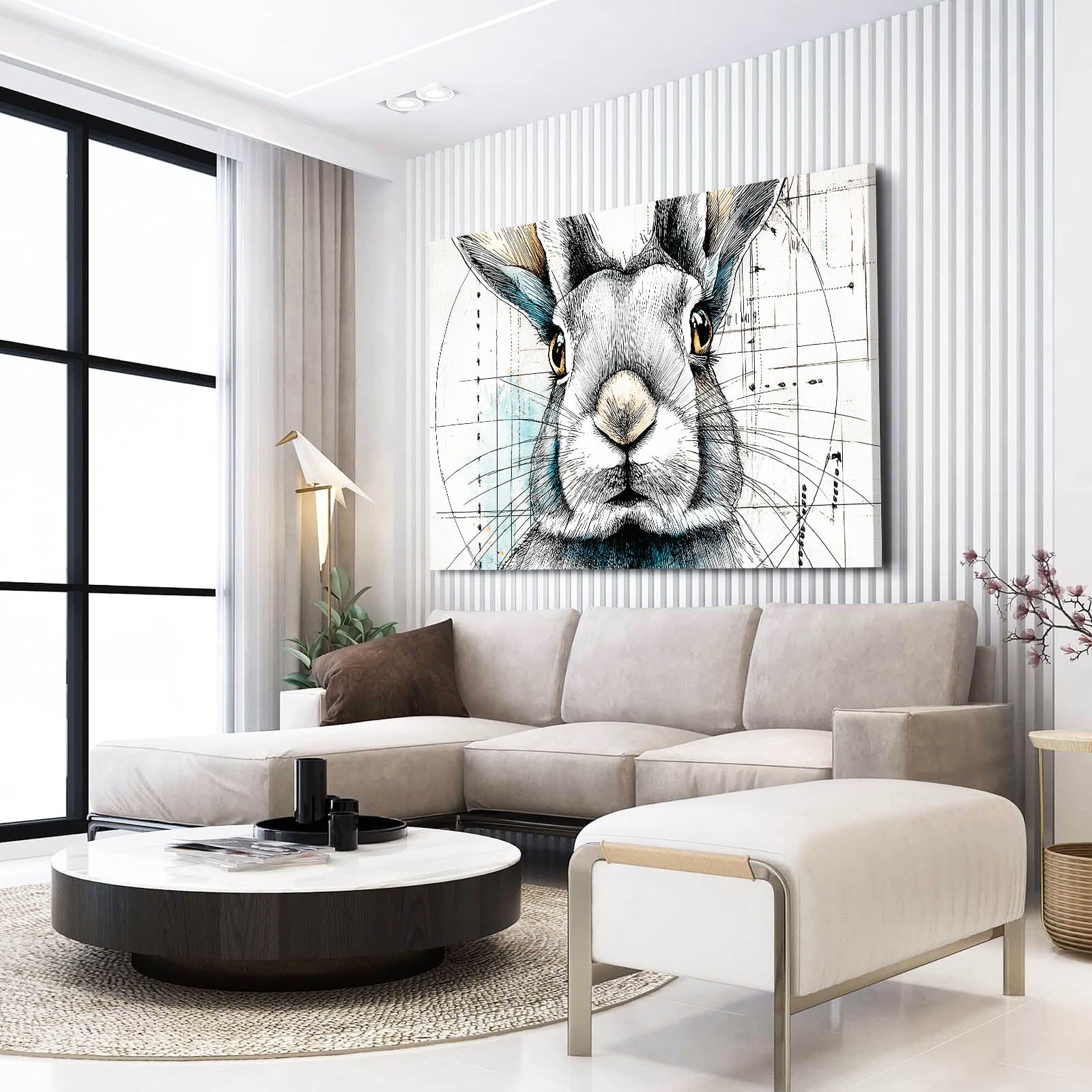 Black And White Bunny Wall Art – angled canvas view on white background
