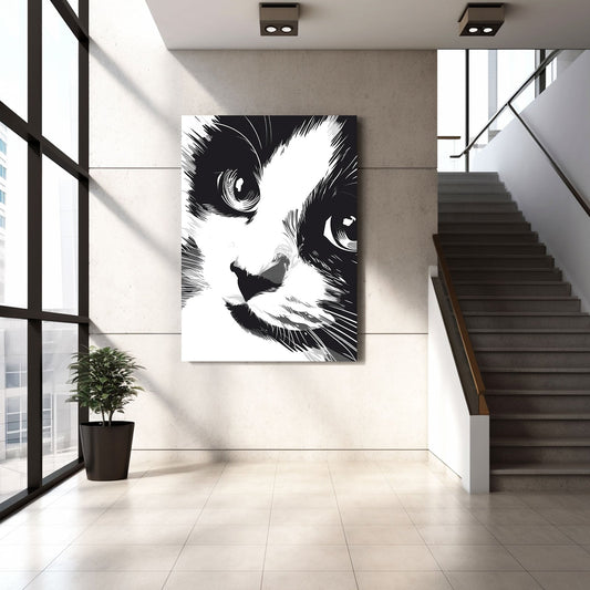 Black And White Draw Cat Art — black and white canvas print in white tones, view 3
