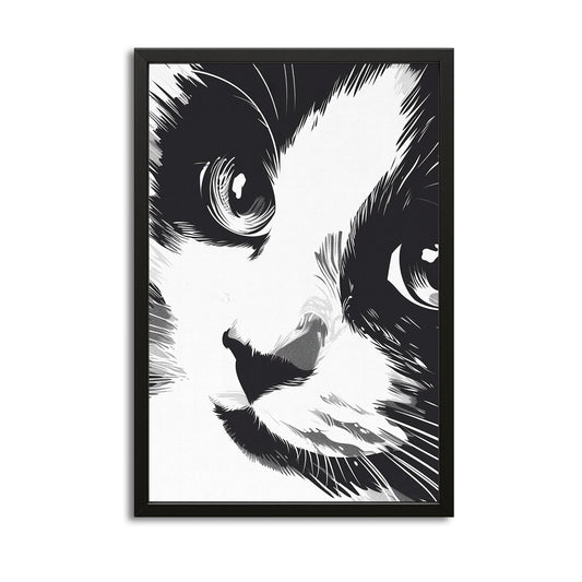 Black And White Draw Cat Art — black and white canvas print in white tones, with Premium Black frame on white background