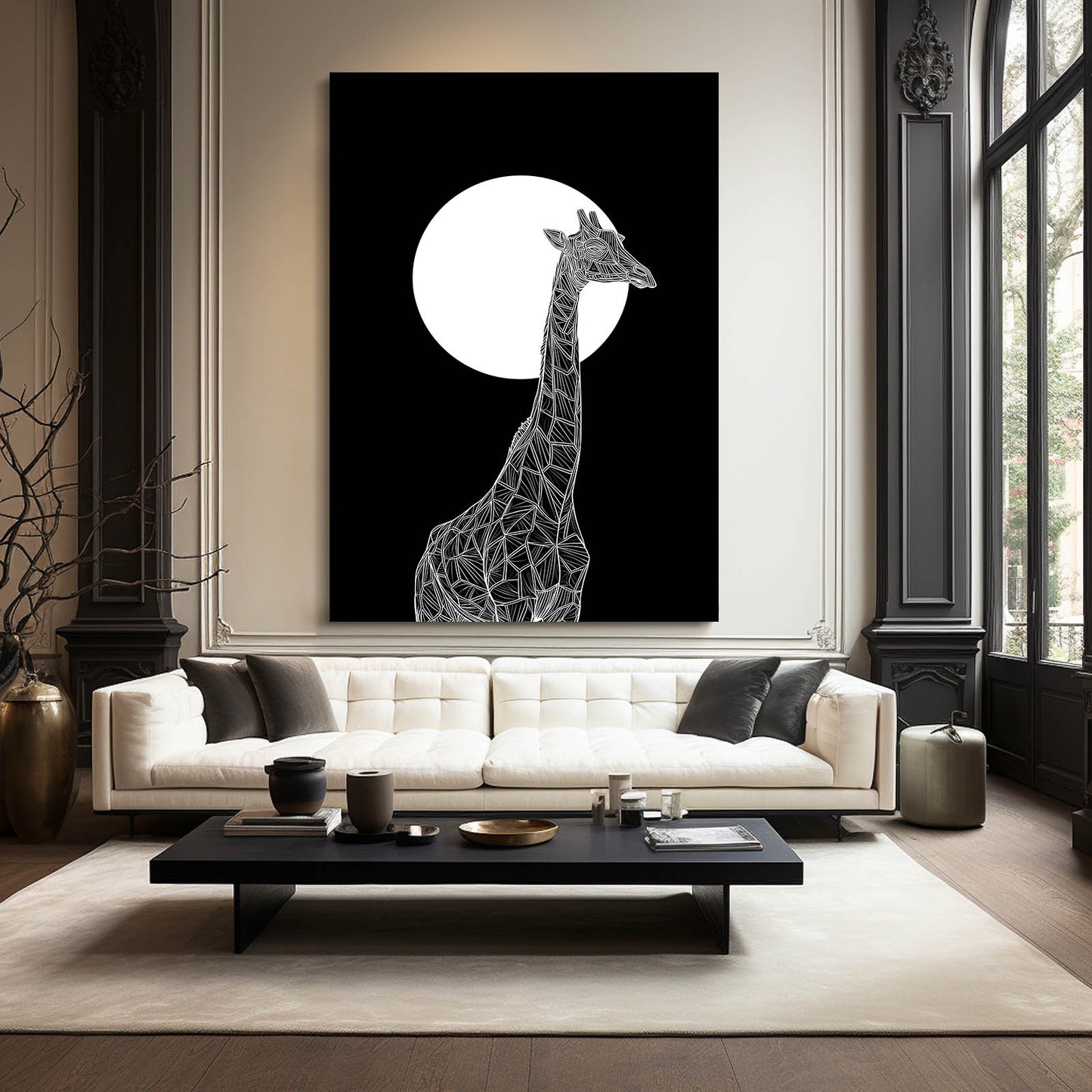 Modern living room with a white sofa, black coffee table, and a large wall art of a giraffe against a black background.