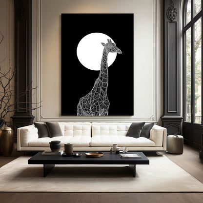 Modern living room with a white sofa, black coffee table, and a large wall art of a giraffe against a black background.