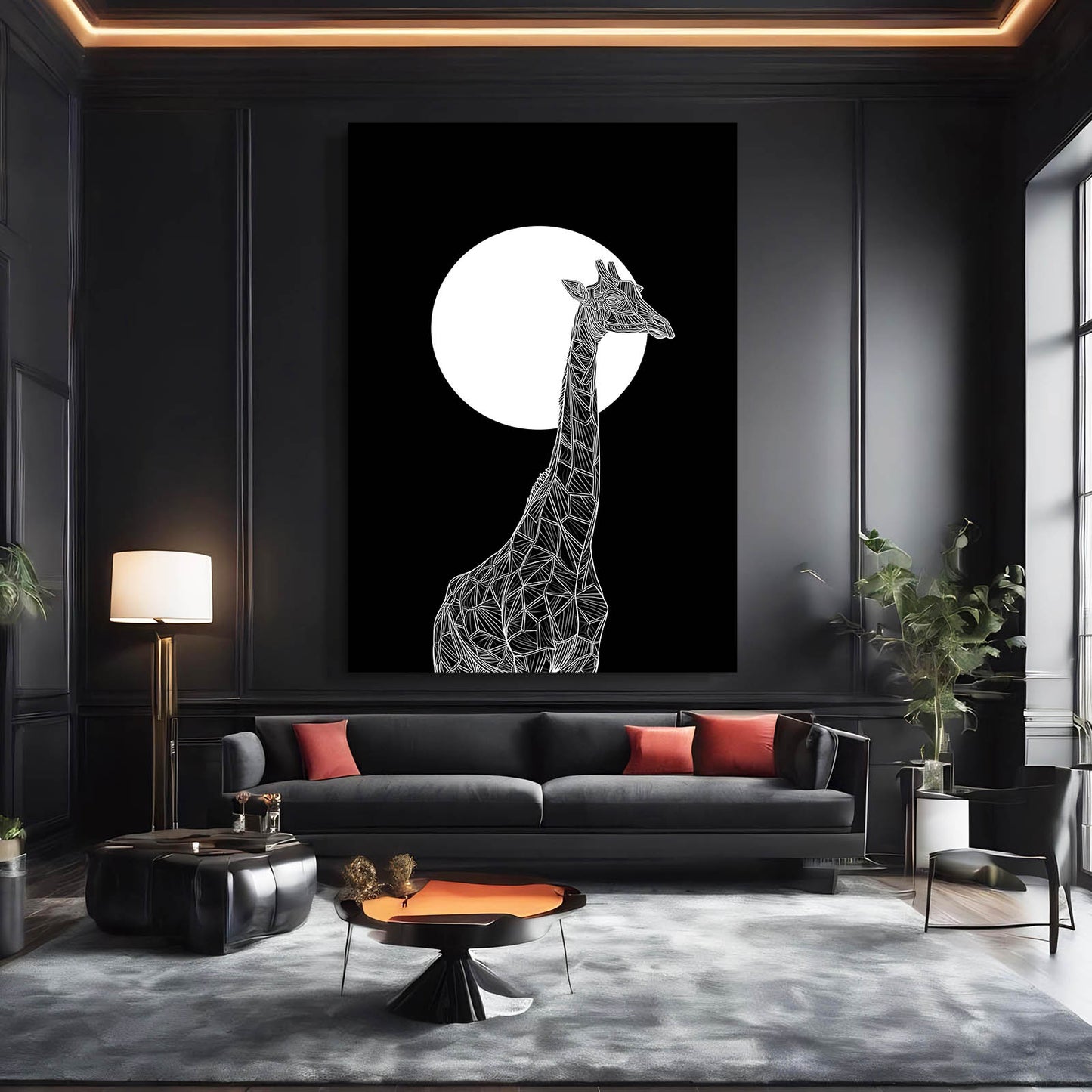 Modern living room with a black sofa, coffee table, and wall art of a giraffe and moon.