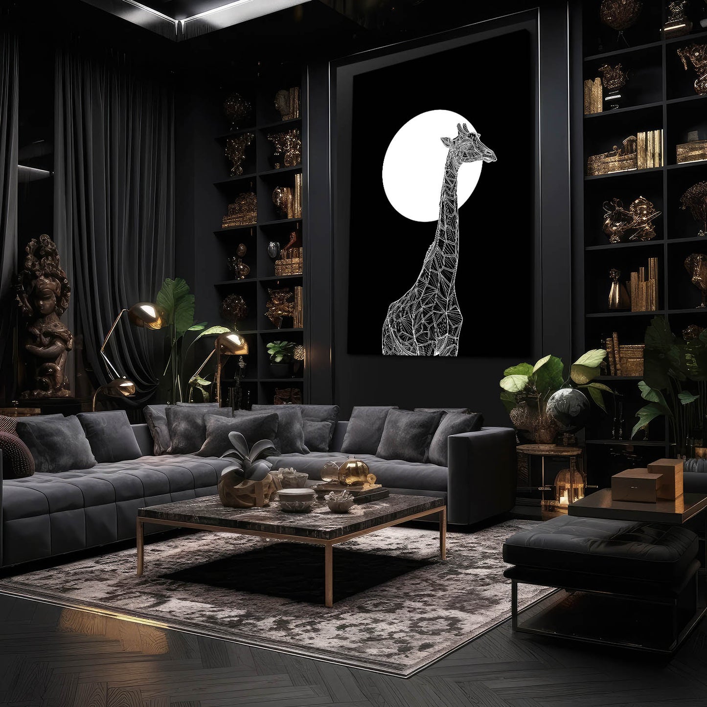 Modern living room with dark walls, a gray sectional sofa, and a large framed artwork of a giraffe against a moonlit sky.