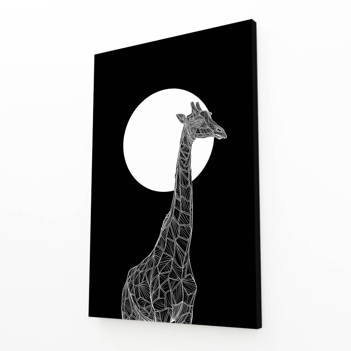 Geometric giraffe design on a black background with a white circle
