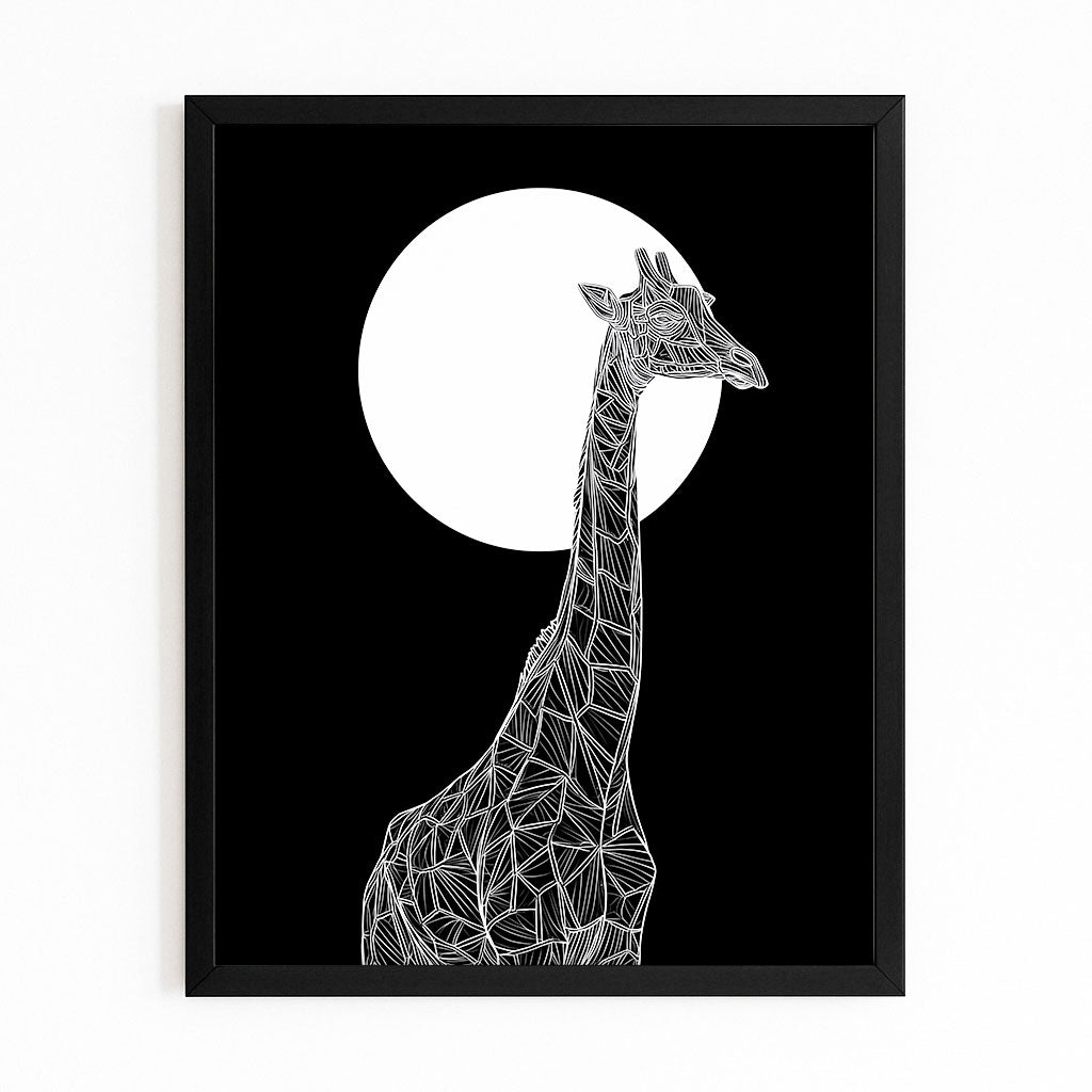 Framed artwork of a geometric giraffe design against a black background with a white moon.