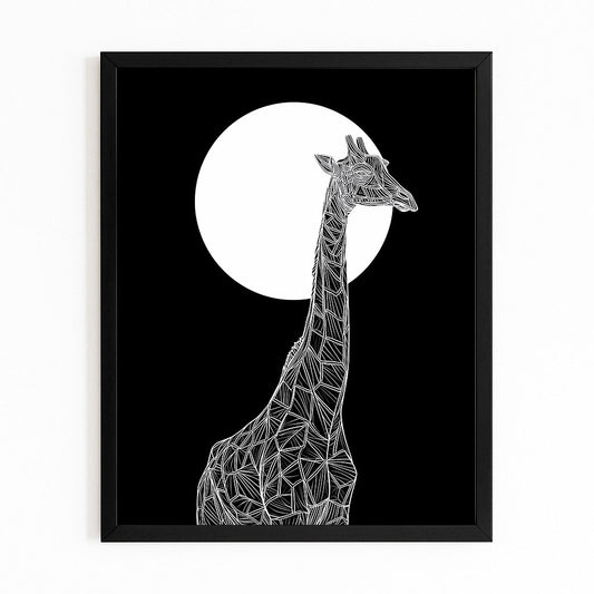 Framed artwork of a geometric giraffe design against a black background with a white moon.