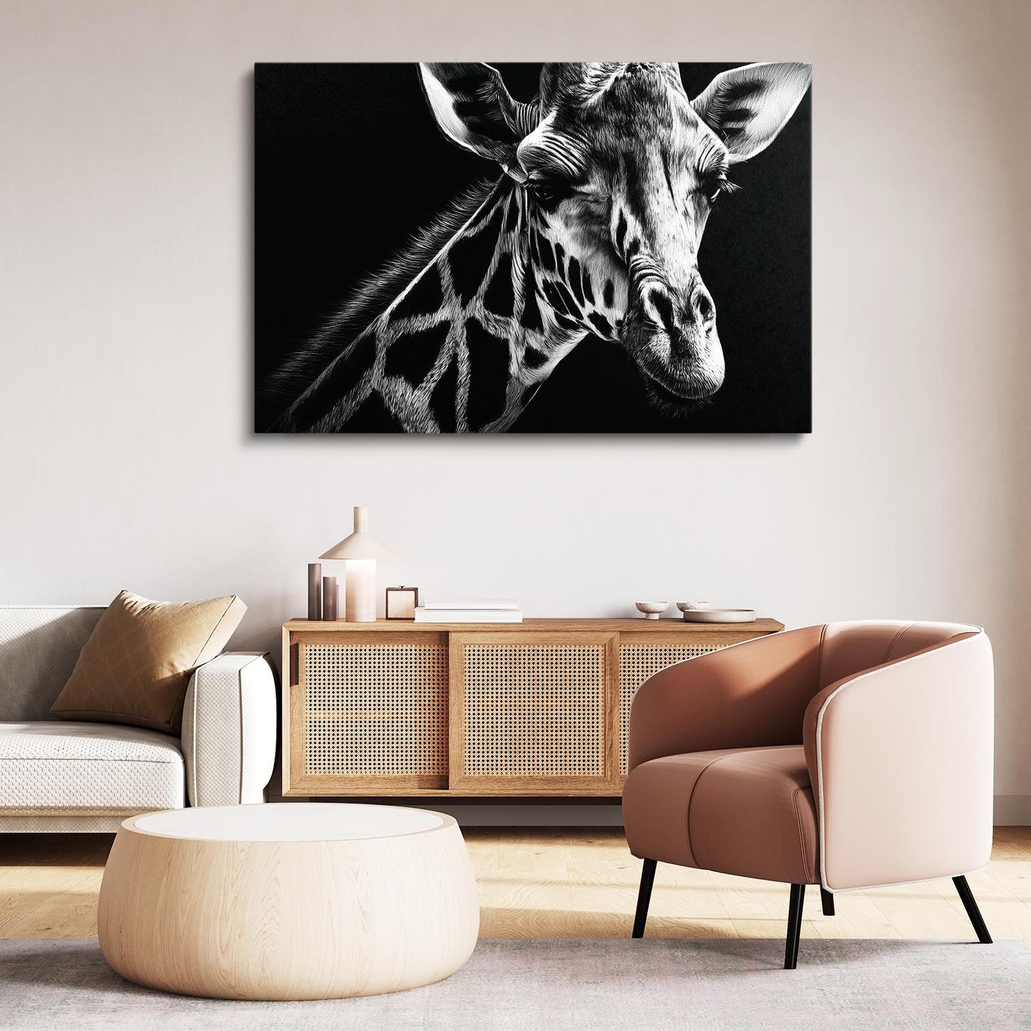 Giraffe painting on a wall in a modern living room