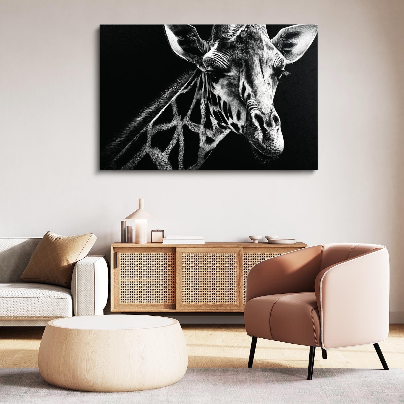 Giraffe painting on a wall in a modern living room