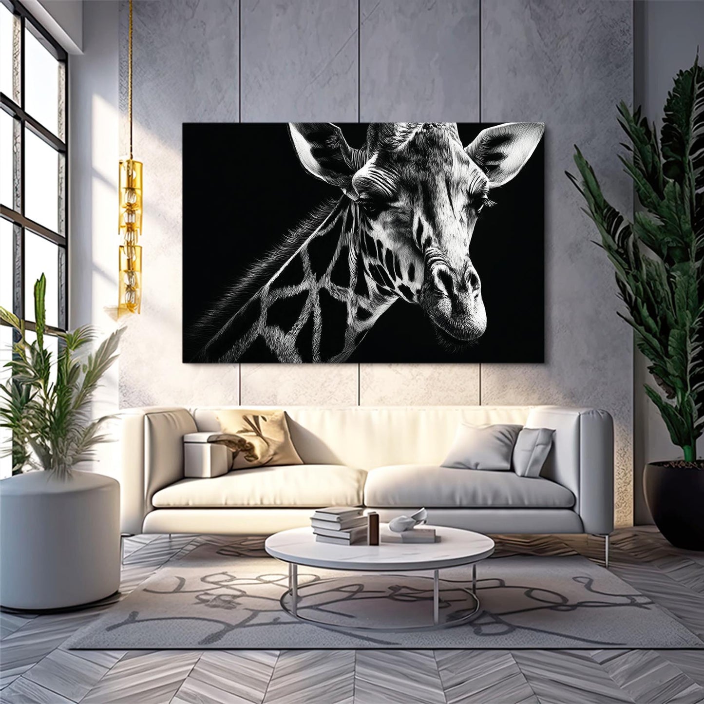 Living room with a giraffe painting on the wall, white sofa, and decorative items.