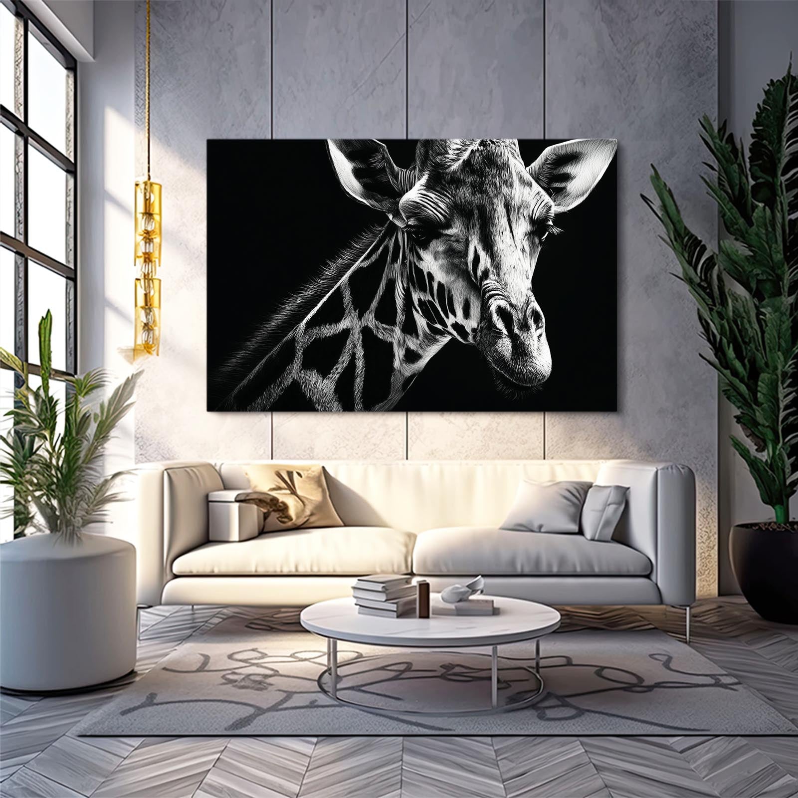 Living room with a giraffe painting on the wall, white sofa, and decorative items.