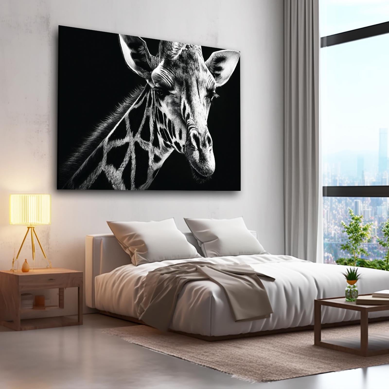 Modern bedroom with a large black and white giraffe painting on the wall.