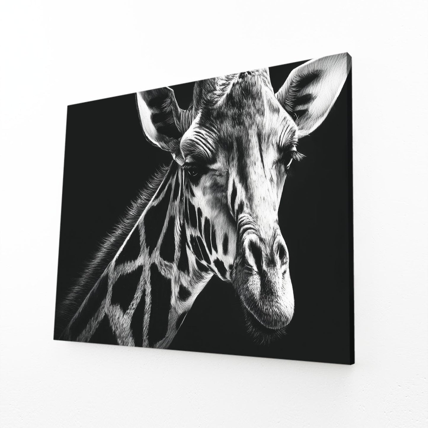 Black and white photo of a giraffe on a white background