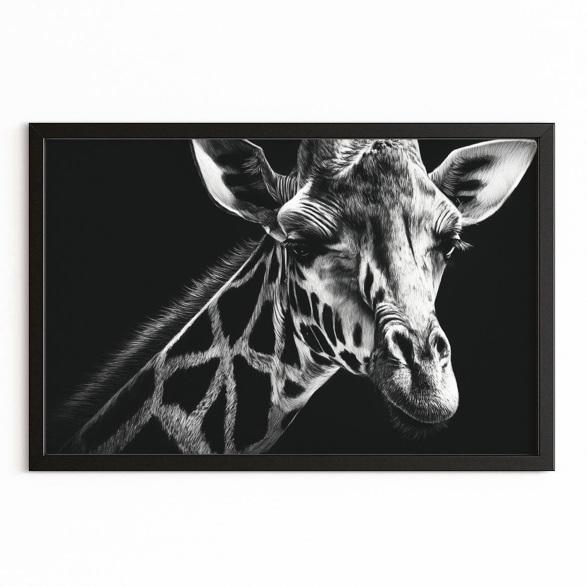Framed black and white photo of a giraffe's head on a white background