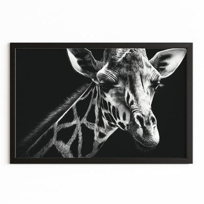 Framed black and white photo of a giraffe's head on a white background