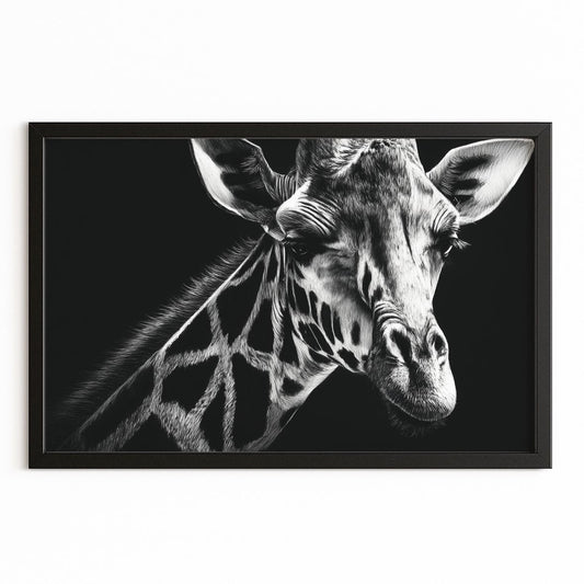 Framed black and white photo of a giraffe's head on a white background