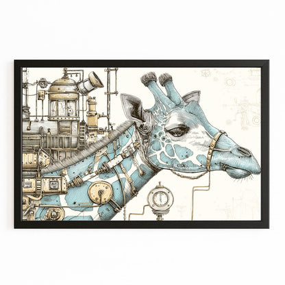 Steampunk-style giraffe illustration with mechanical elements on a white background