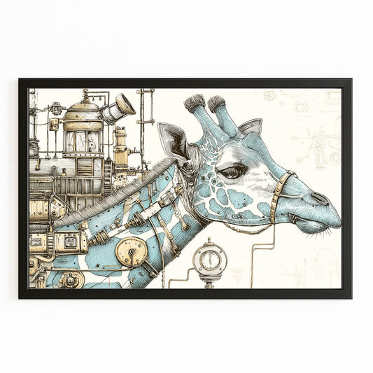 Steampunk-style giraffe illustration with mechanical elements on a white background