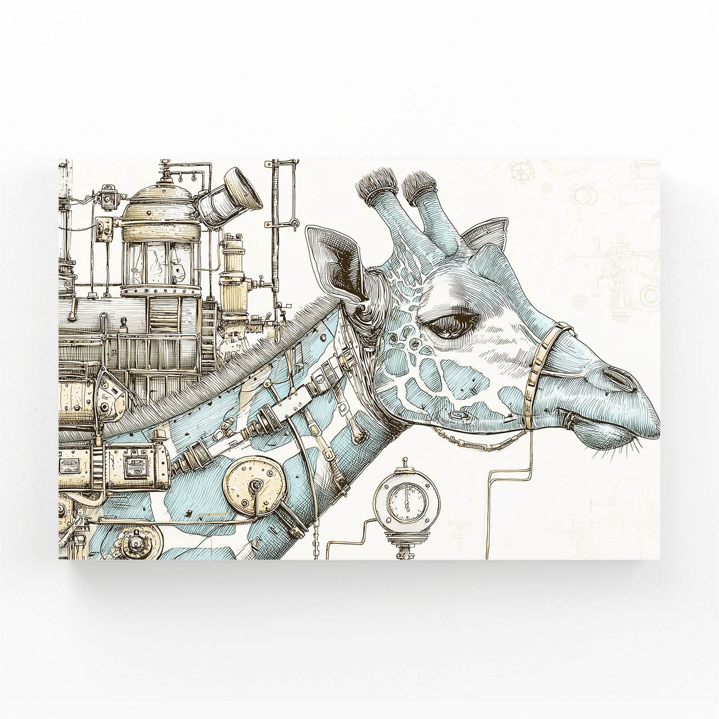 Steampunk-style giraffe head with mechanical elements on a white background