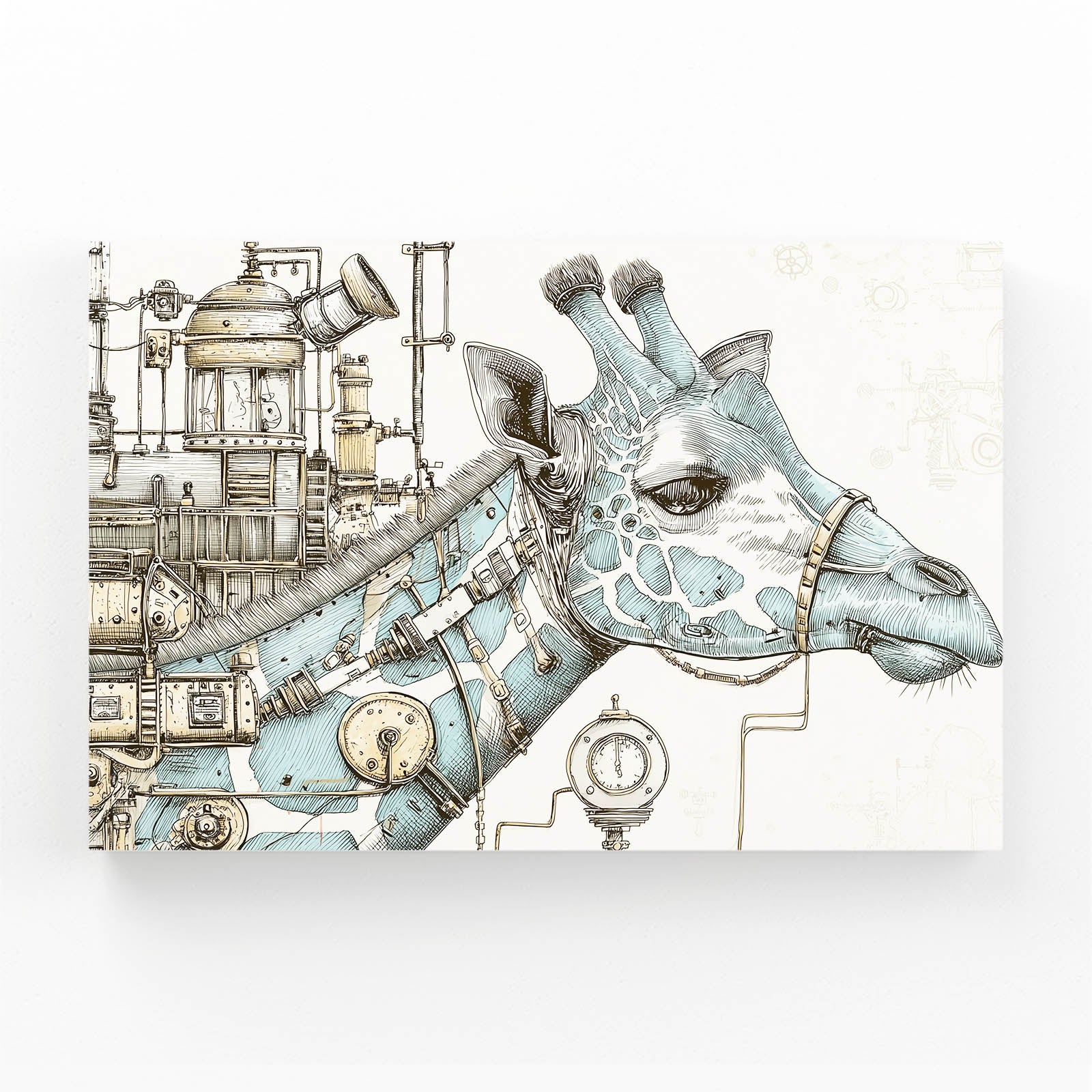 Steampunk-style giraffe head with mechanical elements on a white background