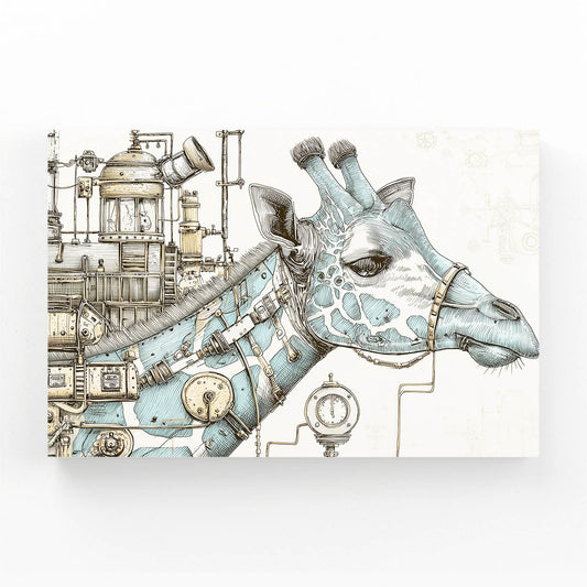 Steampunk-style giraffe head with mechanical elements on a white background
