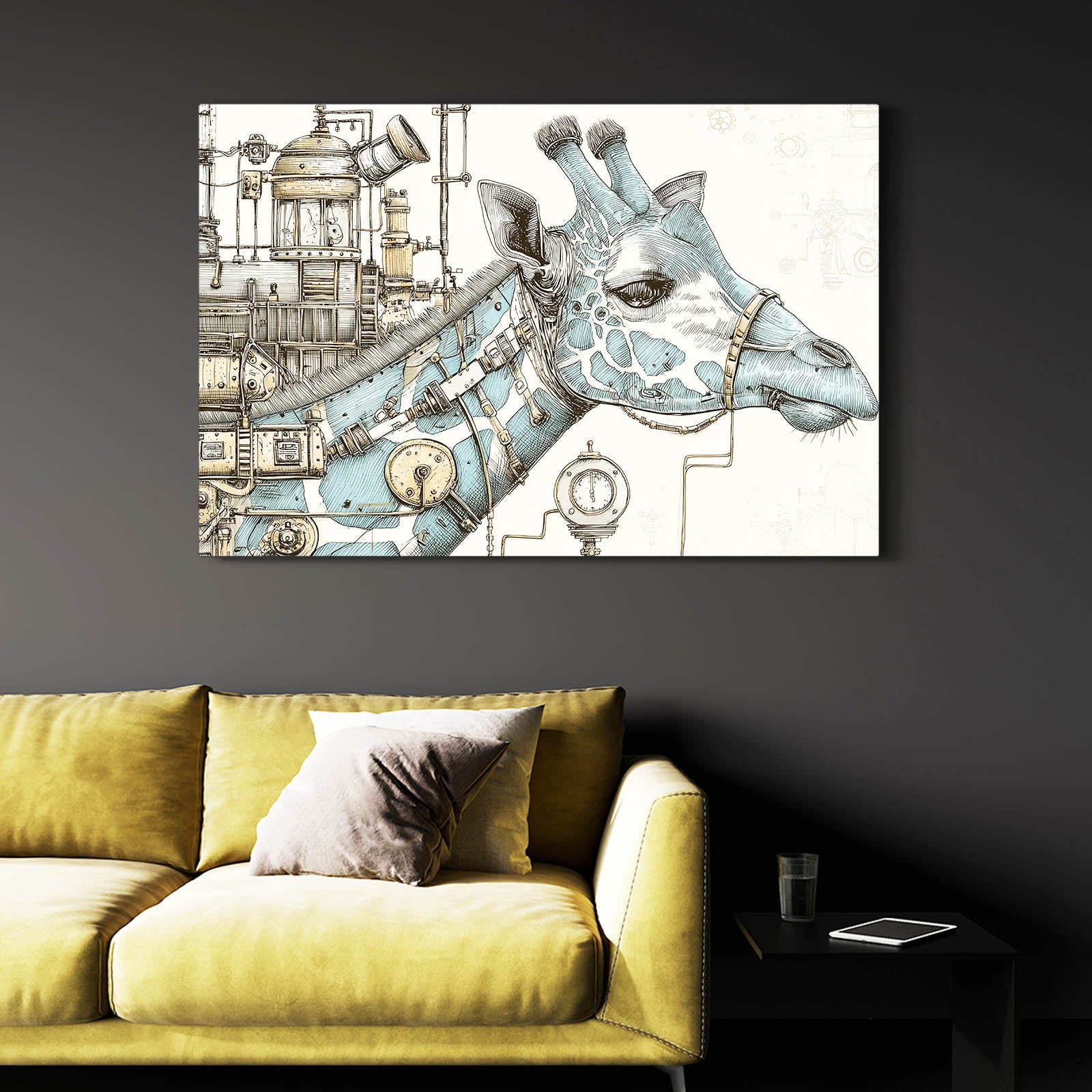 Steampunk giraffe artwork on a wall above a yellow sofa.
