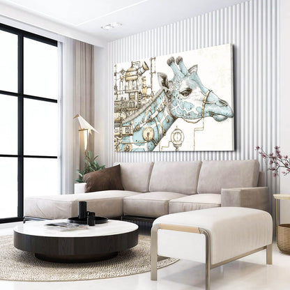 Modern living room with a large abstract painting of a giraffe on the wall.