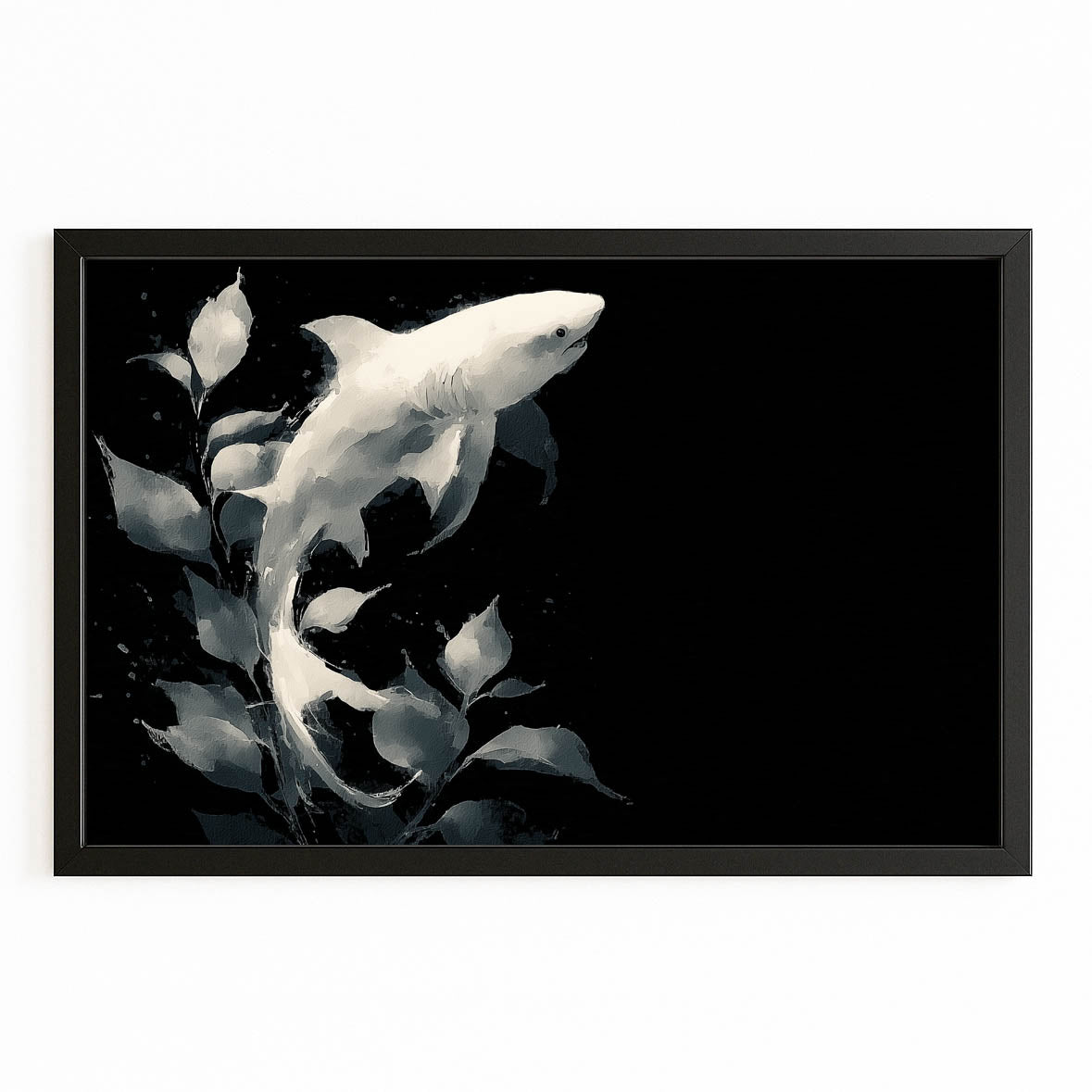 Black and White Minimalist Shark Prints – with Premium Black frame on white background