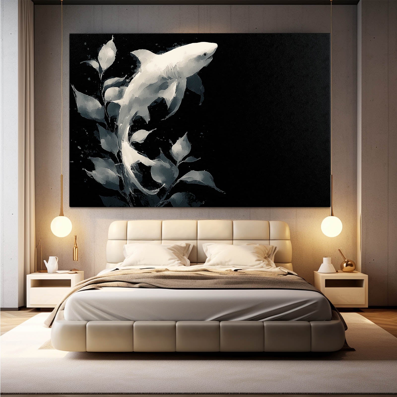 Black and White Minimalist Shark Prints – styled in a furnished interior