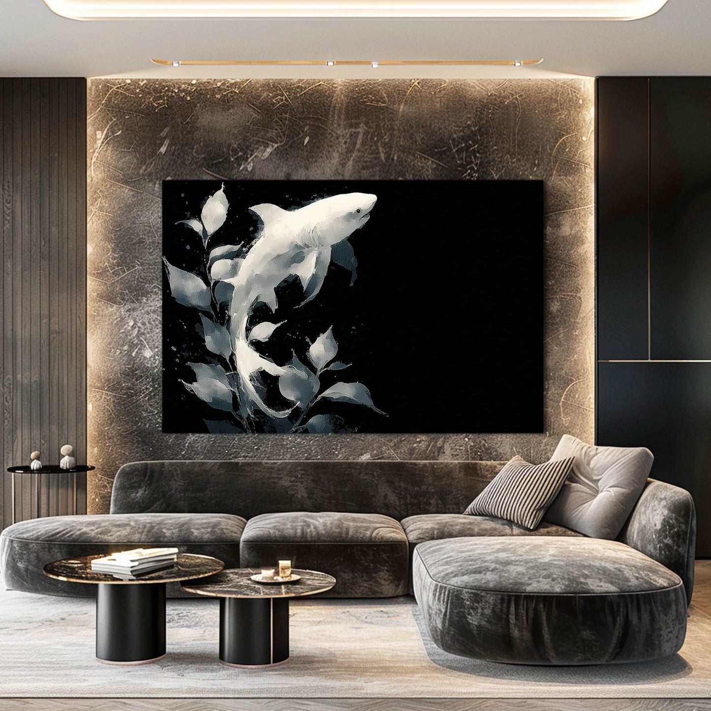 Black and White Minimalist Shark Prints – styled in a furnished interior