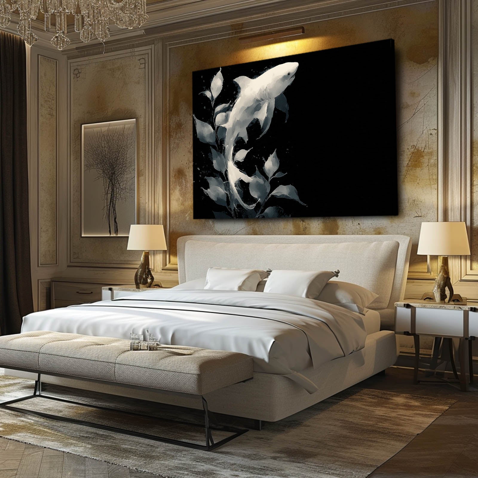 Black and White Minimalist Shark Prints – styled in a furnished interior